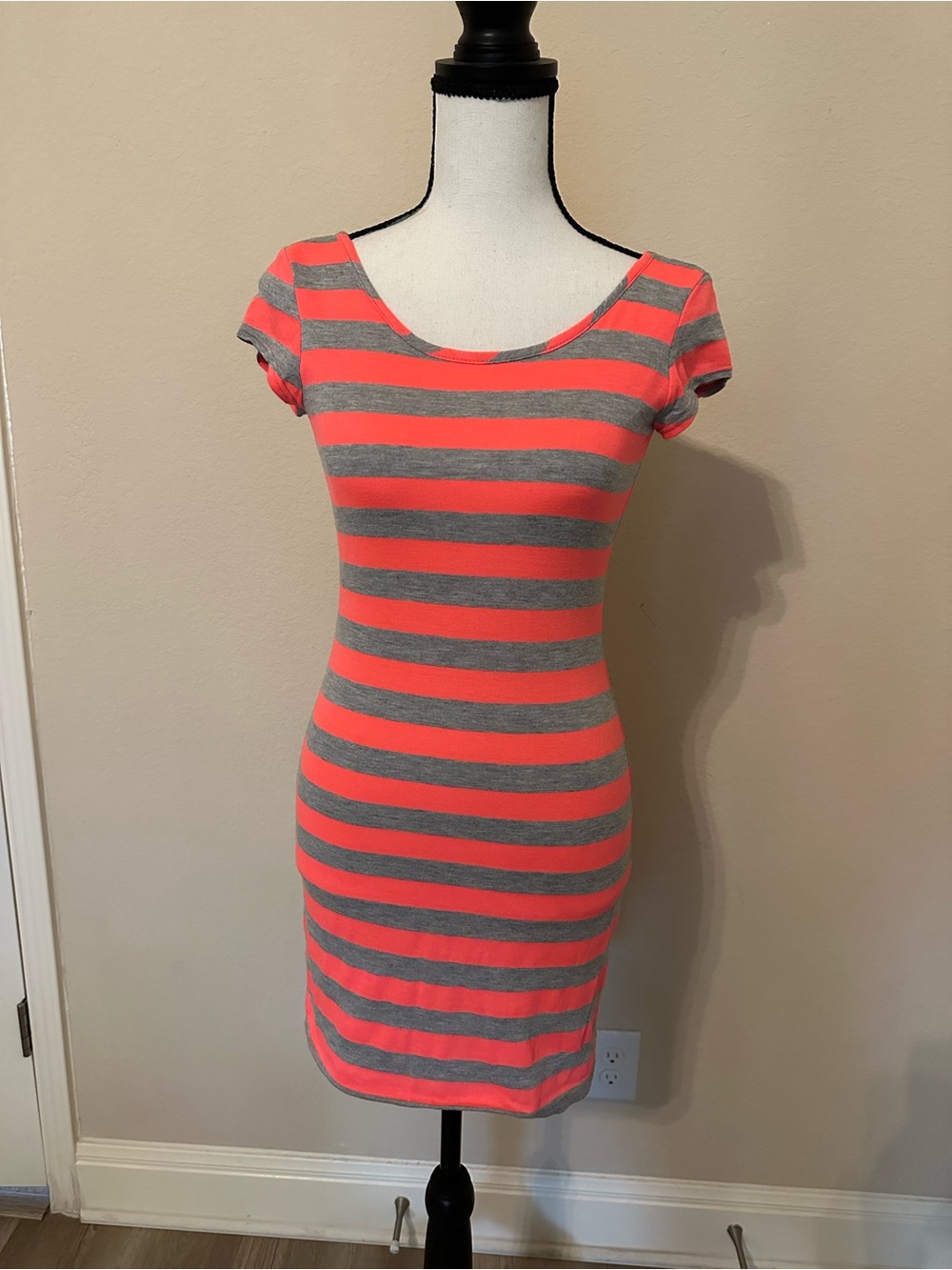 Velvet Torch Coral and Gray Striped Short Sleeve Bodycon Dress